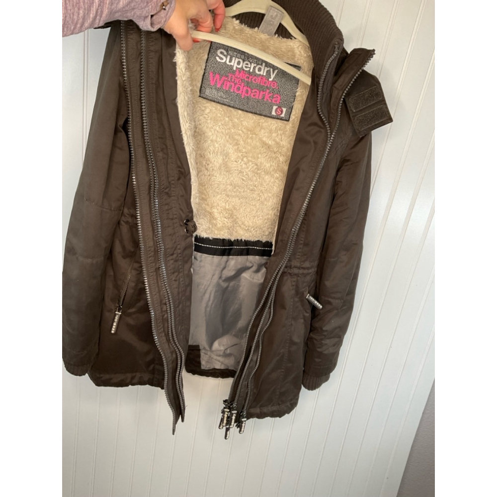 Women's Superdry Wind Parka Coat, Size S, olive Brown. No fur trim on hood - Picture 5 of 9